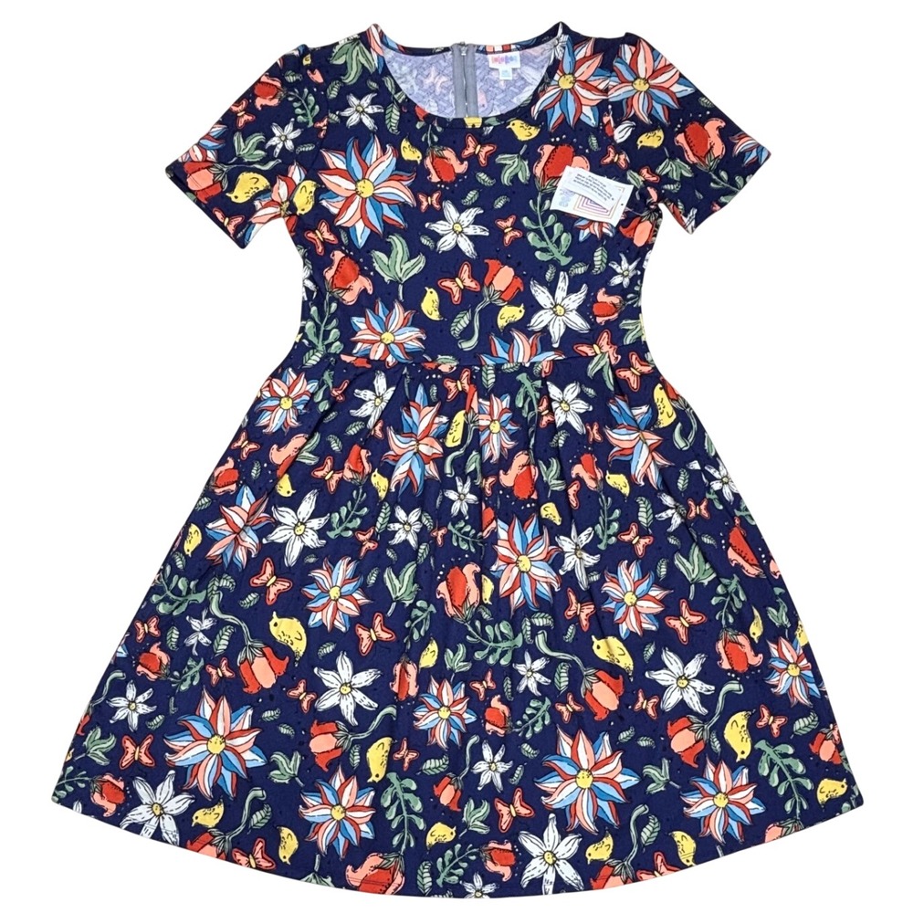 LuLaRoe Womens Amelia Dress Size 2XL Navy Blue Floral Bird Butterfly NWT